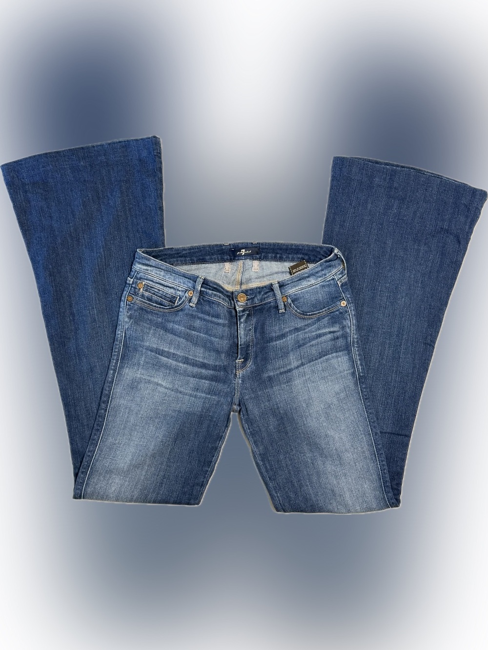 7 For All Mankind Fitted Flare Jeans Size 27 Medium Wash Blue Denim Stretch